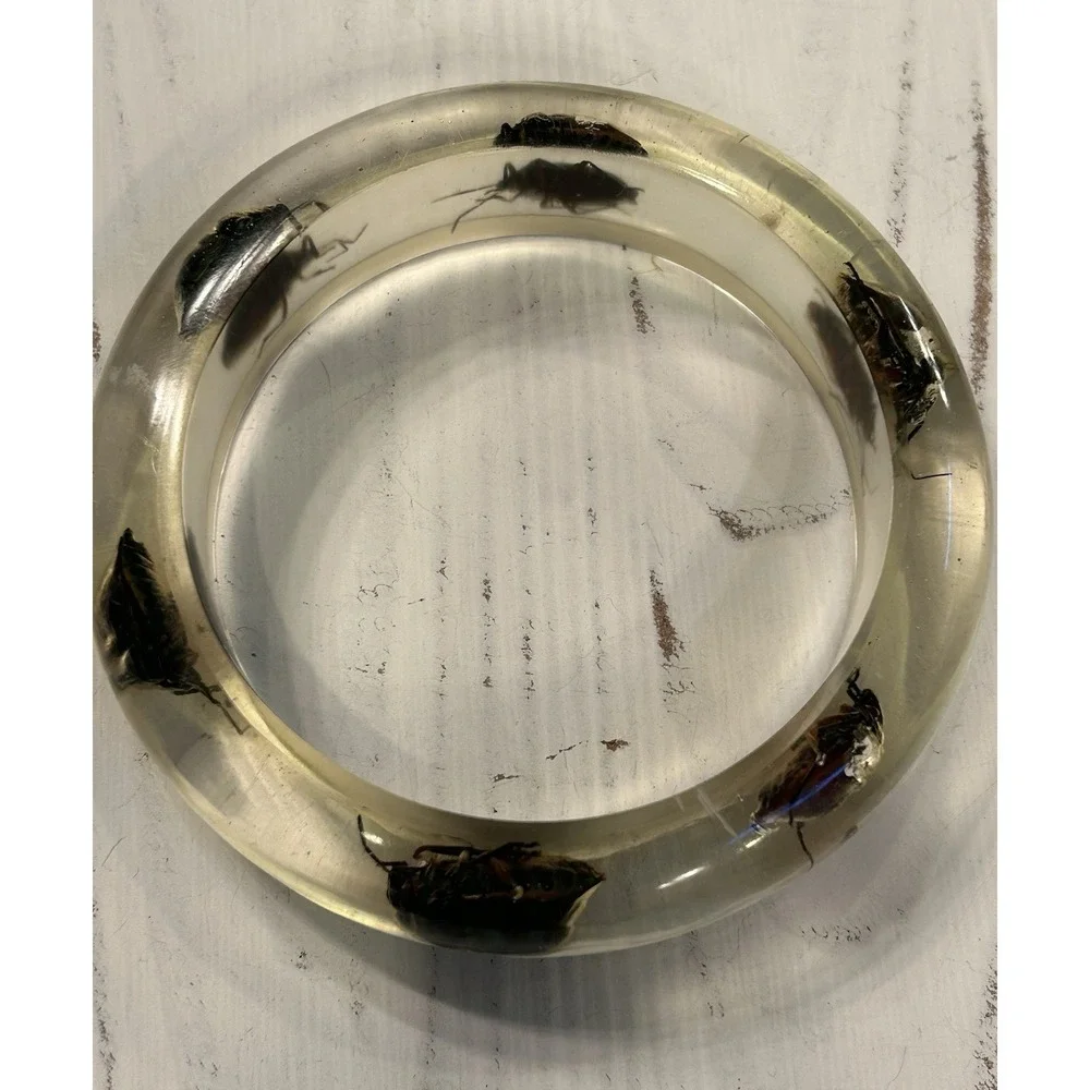 Vintage Neon Beatle Clear Lucite Bangle Bracelet Rare Excellent Fluorescent